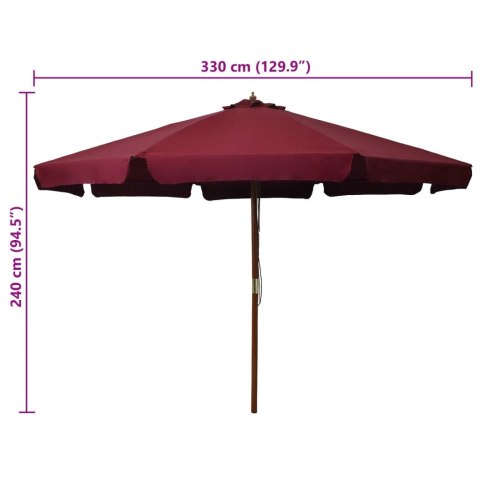 VidaXL Parasol ogrodowy na drewnianym słupku, 330 cm, burgundowy