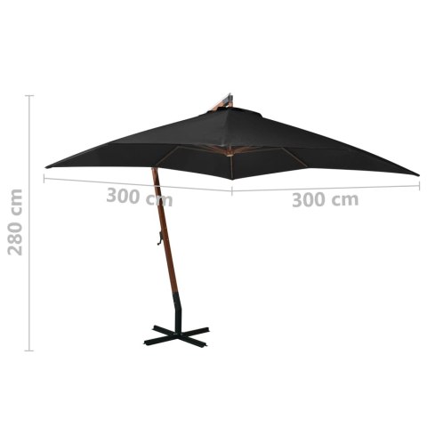 VidaXL Parasol ogrodowy wiszący, na jodłowym słupku, czarny, 3x3 m