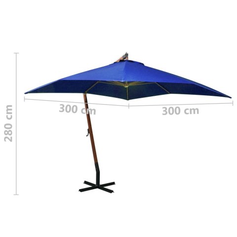 VidaXL Parasol ogrodowy wiszący, na jodłowym słupku, lazurowy, 3x3 m