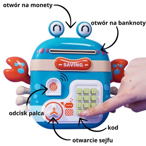 WOOPIE Elektroniczna Skarbonka Sejf Bankomat na Pin Kod Dostępu Krab Plecak Niebieski Woopie