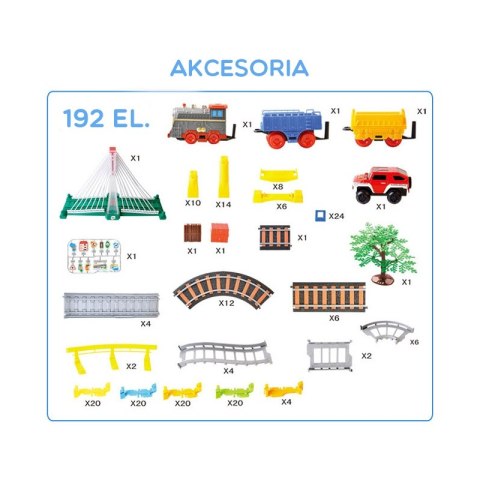 WOOPIE Kolejka Eelektryczna 2w1 Tor Wyścigowy Pociąg Wiadukt Auto XXL 192 el. Woopie