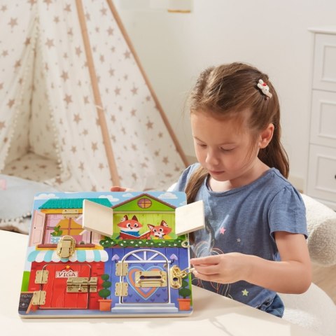 VIGA Drewniana Tablica Manipulacyjna Otwieranie Zamków i Zatrzasków Domek Montessori Viga Toys