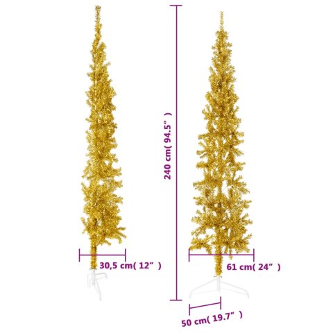 VidaXL Smukła choinka połówka ze stojakiem, sztuczna, złota, 240 cm