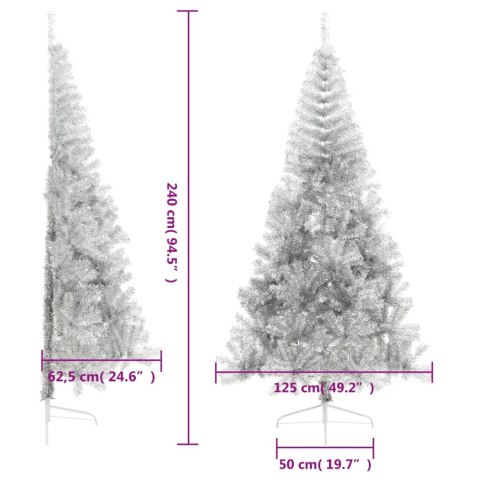 VidaXL Sztuczna choinka połówka ze stojakiem, srebrna, 240 cm, PET