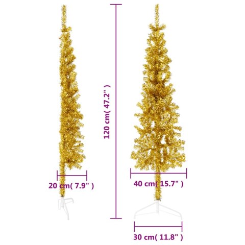 VidaXL Smukła choinka połówka ze stojakiem, sztuczna, złota, 120 cm