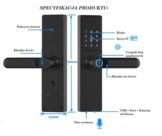 Inteligentna klamka do drzwi Tuya, Elektroniczny zamek do drzwi na odcisk palca, kod, Wi-Fi, RFID - czarna