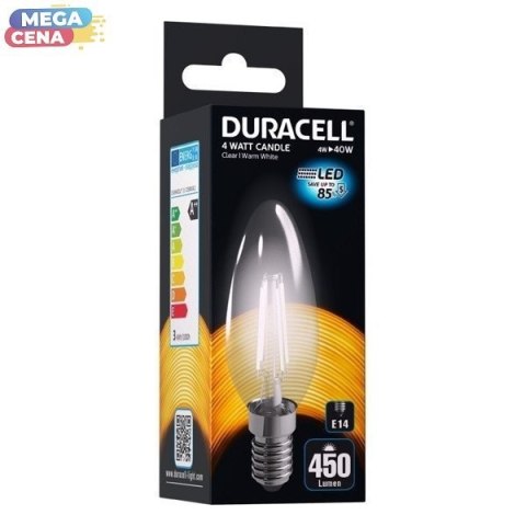 DURACELL Żarówka LED filament B35 E14 4W 450lm Ciepła biała Przezroczysta