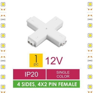 Złączka do taśm LED Krzyżyk | jednokolorowy | czterostronna | IP20 | biała | 1 szt | 4 x 2 pin żeński |