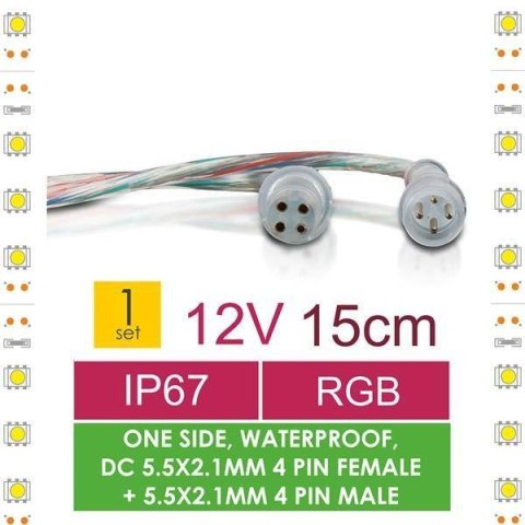 Złączka do taśm LED z kablem | RGB | jednostronna | IP67 | srebrna | 1 szt | wodoodporny DC 5.5x2.1mm 4 pin żeński + 5.5x2.1mm 4