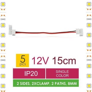 Złączka do taśm LED z kablem | jednokolorowy | dwustronna | IP20 | biała | 5 szt | 2 x zatrzask 8mm / 2 ścieżki | 15 cm