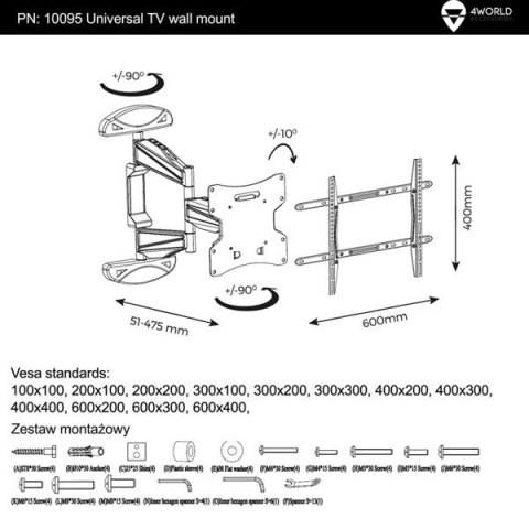 4World | Uchwyt ścienny | Rozmiar ekranu : 30-75" | VESA 400X400/600X400 | Maksymalne obciążenie : 40 kg | Kolor : czarny | Waga