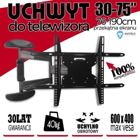 4World | Uchwyt ścienny | Rozmiar ekranu : 30-75" | VESA 400X400/600X400 | Maksymalne obciążenie : 40 kg | Kolor : czarny | Waga