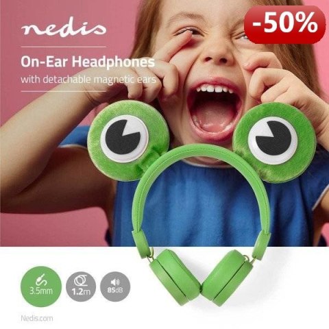 Nedis Wired Headphones | 1.2 m Round Cable | On-Ear | Detachable Magnetic Ears | Freddy Frog | Green