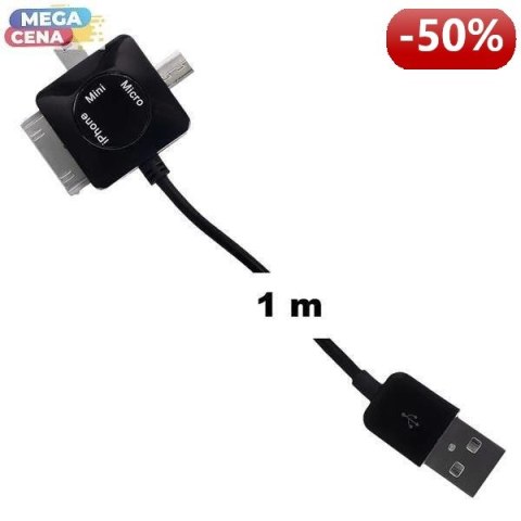 Whitenergy Kabel do przesyłu danych 3w1: Micro USB, Mini USB, iPhone4, 100cm, czarny