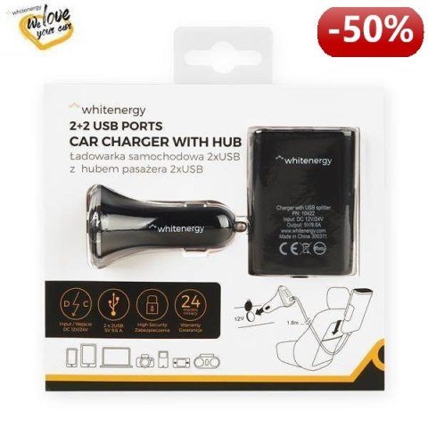 Whitenergy Ładowarka samochodowa, rozdzielacz gniazda zapalniczki, 2+ 2x USB, wyjście 5V/ 9.6A, czarna