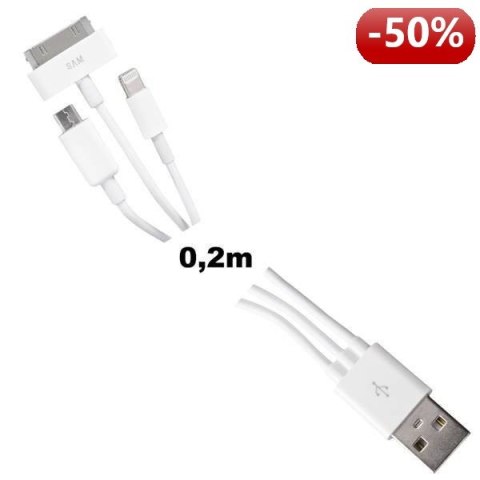 Whitenergy Kabel do przesyłu danych 3w1: Micro USB, Lightning, iPhone 4, 20cm, biały