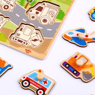 TOOKY TOY Drewniane Puzzle Montessori Transport Pojazdy z Pinezkami Do Dopasowania Tooky Toy