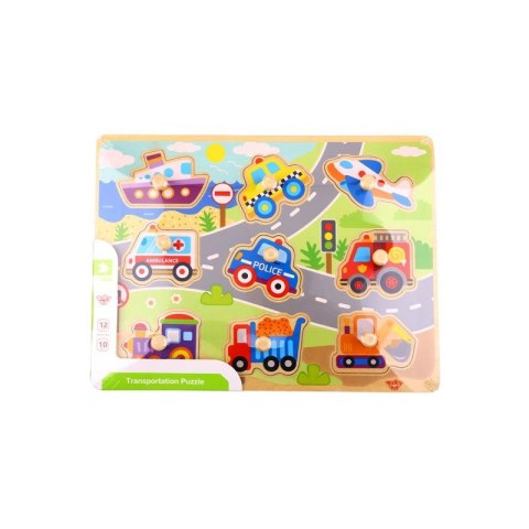 TOOKY TOY Drewniane Puzzle Montessori Transport Pojazdy z Pinezkami Do Dopasowania Tooky Toy