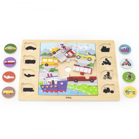 VIGA Drewniane Puzzle Odgadnij po Cieniu - Środki Transportu Układanka 17 el. Viga Toys