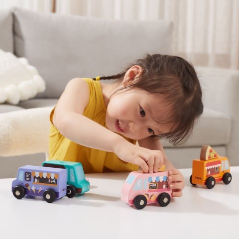 VIGA Drewniany Zestaw Food Trucki Pojazdy cukierni 4 autka Viga Toys