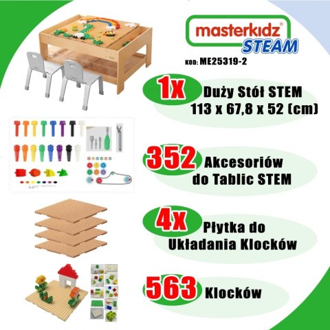 MASTERKIDZ Drewniany Stół Edukacyjny + AKCESORIA STEM WALL + 563 Klocków Masterkidz