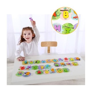 TOOKY TOY Drewniane Puzzle Montessori Układanka Nauka Alfabetu Liter Słów Alfabet Grube Klocki 26 el. Tooky Toy