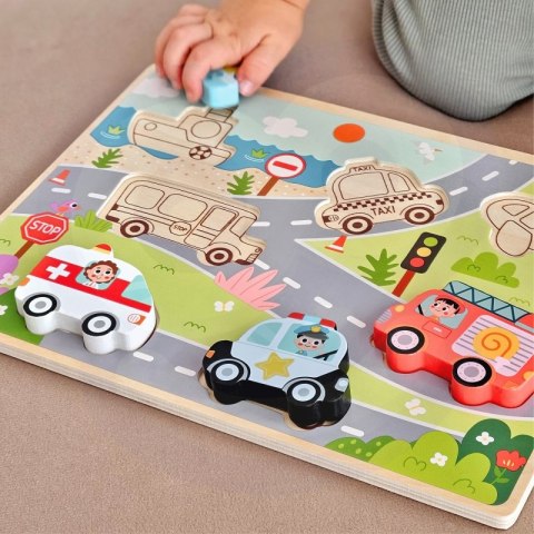 Tooky Toy Drewniane Puzzle Montessori Pojazdy Samochody Samolot Statek Miasto Dopasuj Kształty Tooky Toy