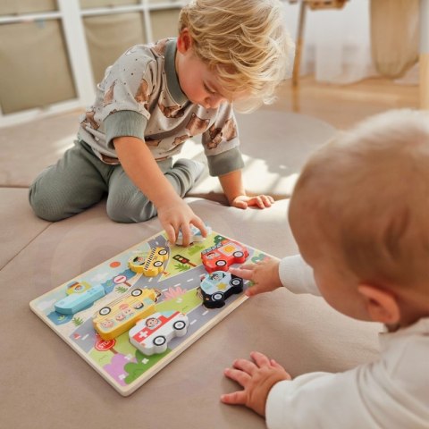 Tooky Toy Drewniane Puzzle Montessori Pojazdy Samochody Samolot Statek Miasto Dopasuj Kształty Tooky Toy