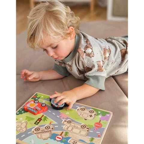 Tooky Toy Drewniane Puzzle Montessori Pojazdy Samochody Samolot Statek Miasto Dopasuj Kształty Tooky Toy