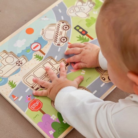 Tooky Toy Drewniane Puzzle Montessori Pojazdy Samochody Samolot Statek Miasto Dopasuj Kształty Tooky Toy