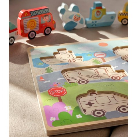 Tooky Toy Drewniane Puzzle Montessori Pojazdy Samochody Samolot Statek Miasto Dopasuj Kształty Tooky Toy