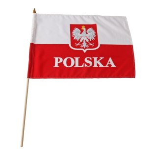 Flaga POLSKA 30x40 cm z uchwytem drewnianym z godlem Pozostałe