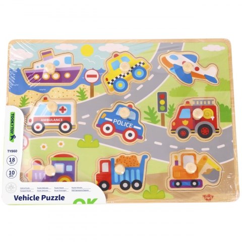 TOOKY TOY Drewniane Puzzle Montessori Transport Pojazdy z Pinezkami Do Dopasowania Tooky Toy