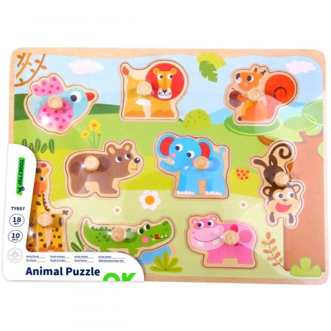 TOOKY TOY Drewniane Puzzle Montessori Zwierzęta z Pinezkami Do Dopasowania Tooky Toy