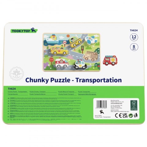 Tooky Toy Drewniane Puzzle Montessori Pojazdy Samochody Samolot Statek Miasto Dopasuj Kształty Tooky Toy