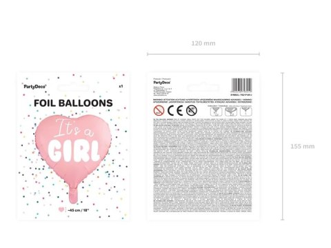 Balon foliowy "It's a girl" na baby shower serce różowe 48cm