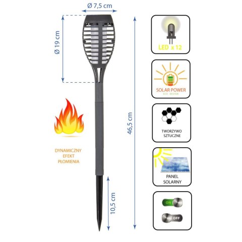 POCHODNIA LAMPA SOLARNA TAŃCZĄCE PŁOMYKI 12 LED SMD 7,5x7,5x46,5CM SZARA Saska Garden