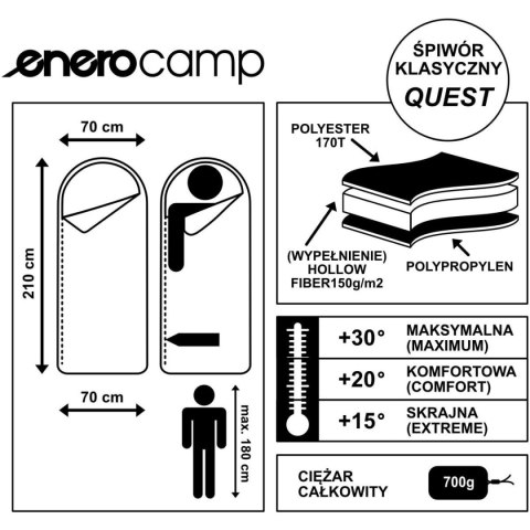 ŚPIWÓR TURYSTYCZNY QUEST Z KOMPRESJĄ 210X70CM ZIELONY ENERO CAMP Enero Camp