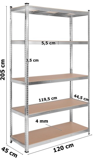 Regał stalowy magazynowy 200kg 5 poziomów 205x120x45 cm ocynkowany