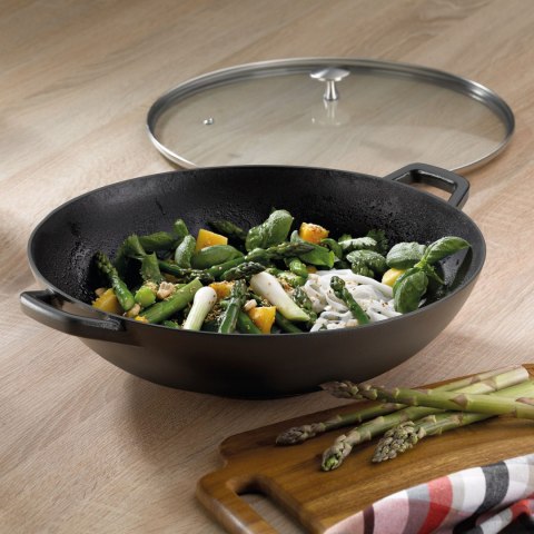 Wok ze szklaną pokrywą, żeliwo emaliowane, śred.36 cm, 4 l, wys. 10 cm, czarny Kela