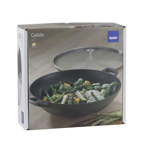 Wok ze szklaną pokrywą, żeliwo emaliowane, śred.36 cm, 4 l, wys. 10 cm, czarny Kela