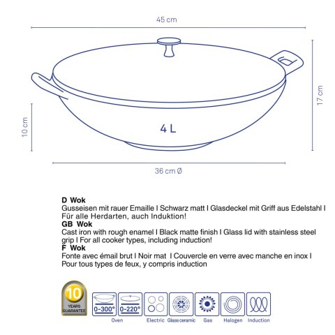 Wok ze szklaną pokrywą, żeliwo emaliowane, śred.36 cm, 4 l, wys. 10 cm, czarny Kela