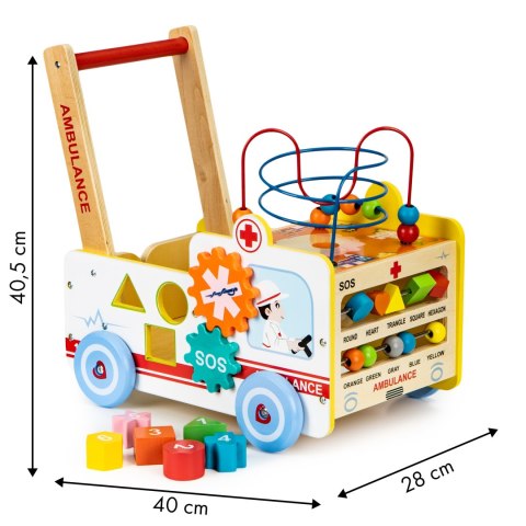 Drewniany pchacz edukacyjny 2w1 kostka + klocki - Karetka ECOTOYS