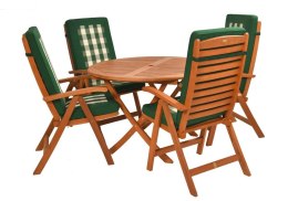 Zestaw mebli ogrodowych Bradford stół o średnicy 110cm 4 krzesła Calgary poduchy PREMIUM Biało-zielona krata PREMIUM (druga