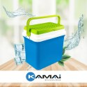 Lodówka turystyczna 29,5L KAMAI FIESTA na wkłady mrożące, błękitna z zieloną pokrywą i uchwytem Kamai Gio Style