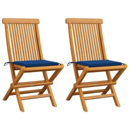 VidaXL Krzesła ogrodowe z kobaltowymi poduszkami, 2 szt., tekowe