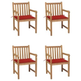 VidaXL Krzesła ogrodowe, 4 szt., czerwone poduszki, drewno tekowe