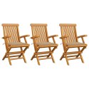 VidaXL Krzesła ogrodowe z beżowymi poduszkami, 3 szt., drewno tekowe