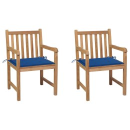 VidaXL Krzesła ogrodowe, 2 szt., kobaltowe poduszki, drewno tekowe