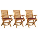 VidaXL Krzesła ogrodowe z poduszkami w kolorze wina, 3 szt., tekowe